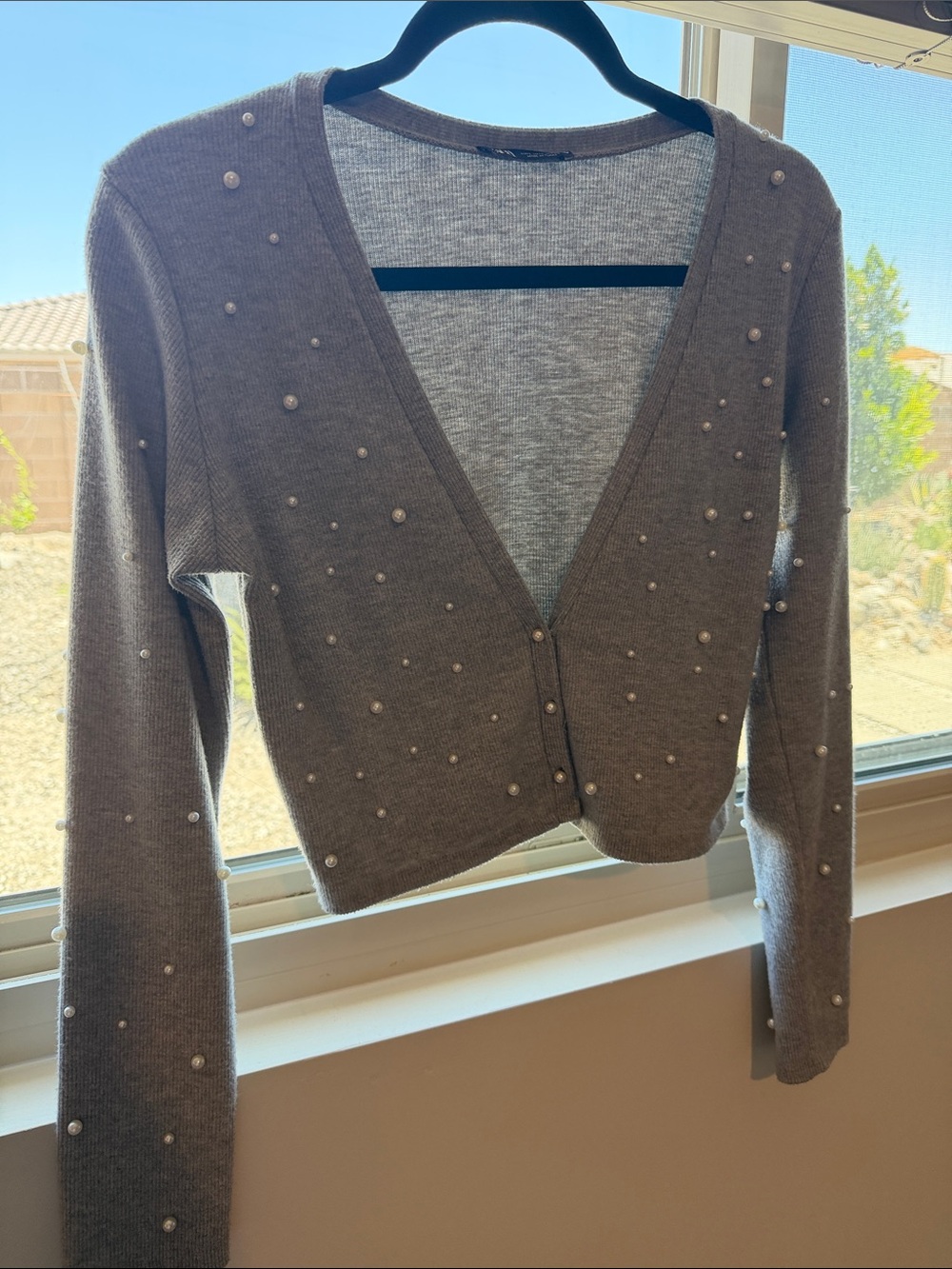 Zara Brown Pearl-Embellished V-Neck Cardigan